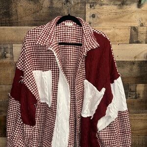 POL Red Houndstooth Cable Knit Patchwork Shacket, Size L